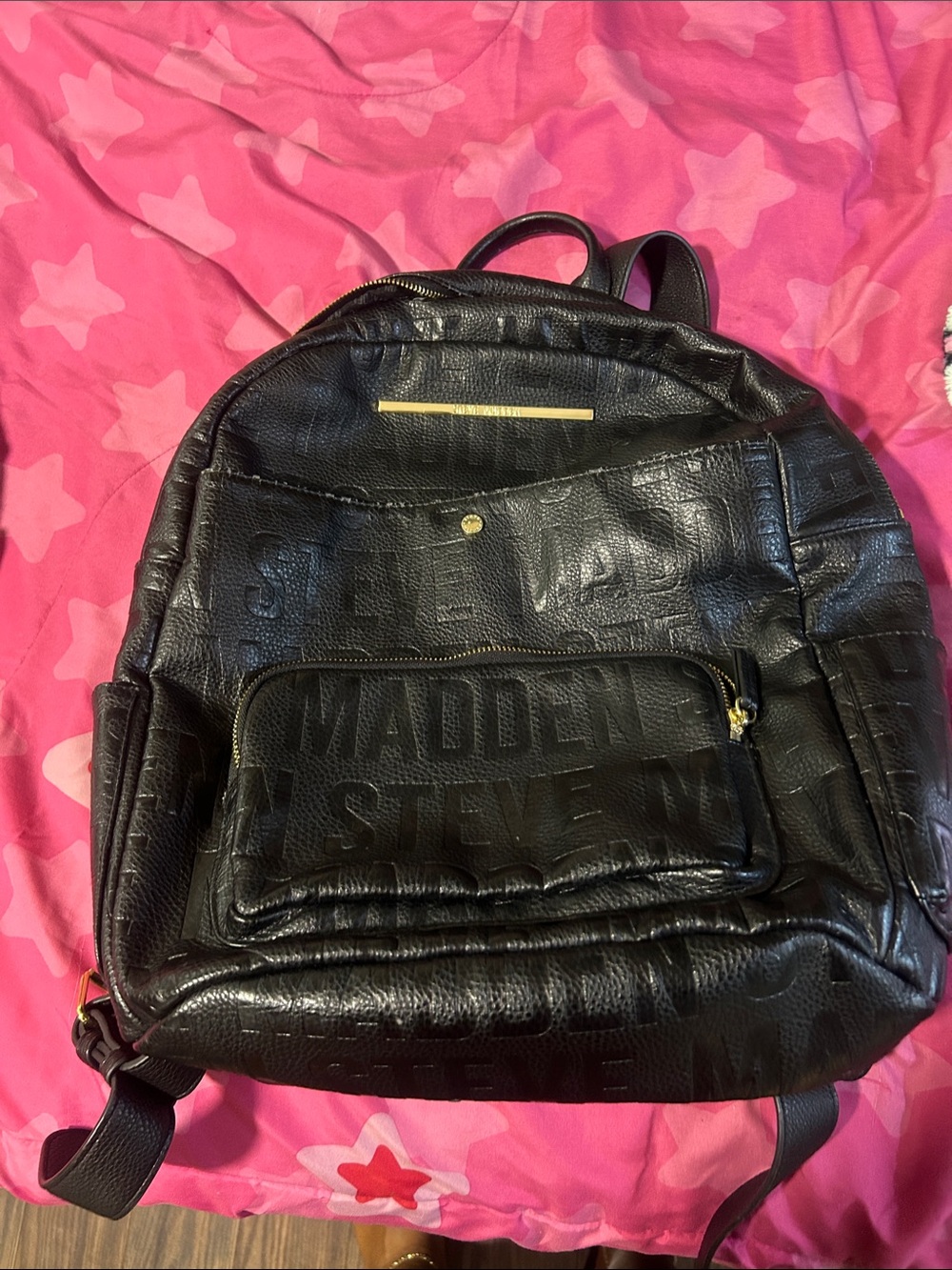 Steve Madden Black Embossed Logo Backpack with Gold Hardware